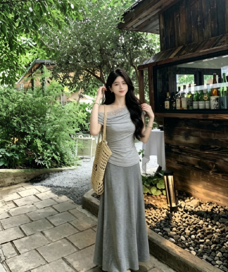 회색 비스듬한 어깨 오프숄더 프랑스식 드레스 아이들 여름 한 부서 그레이트 통해보기 가져 가라. 에이즈 환자 세트 아름다운 롱 스커트