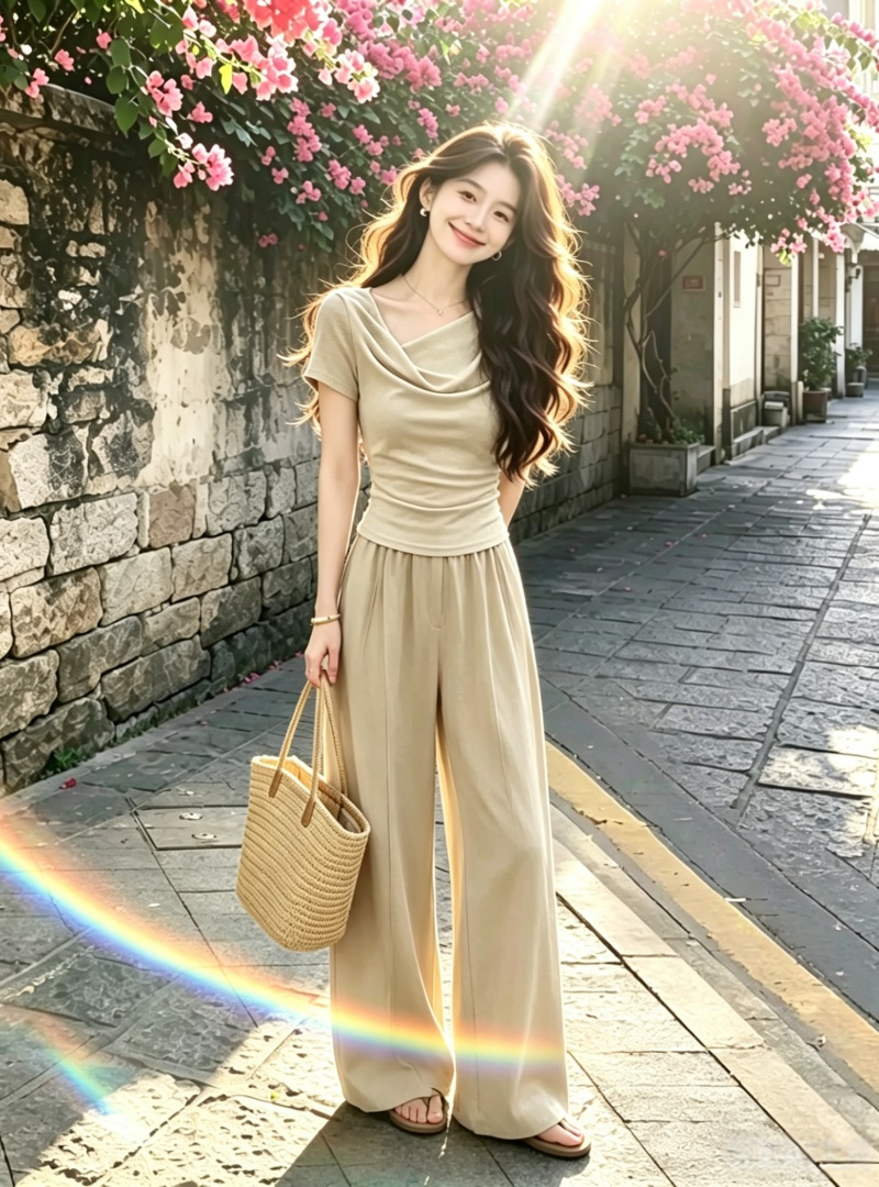 한 부서 그레이트 통해보기 가져 가라. 전체 집합 2026 새로운 비스듬한 어깨 반팔 티셔츠 여성 여름 와이드 레그 팬츠 투피스 슈트