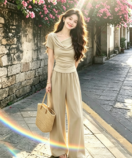 한 부서 그레이트 통해보기 가져 가라. 전체 집합 2026 새로운 비스듬한 어깨 반팔 티셔츠 여성 여름 와이드 레그 팬츠 투피스 슈트