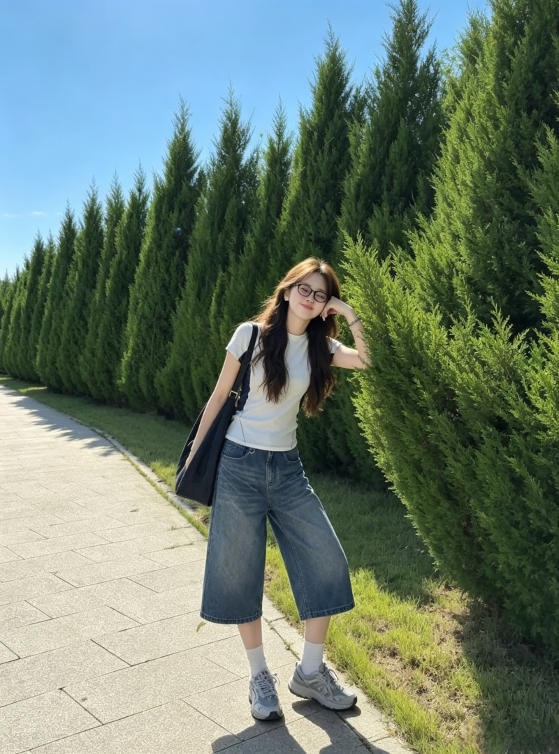 2026 디자인 센스 긍정적 인 어깨 반팔 티셔츠 가져 가라. 여름 새로운 하이웨이스트 스트레이트 슬림해 보이는 작은 키 넓은 다리 중 바지