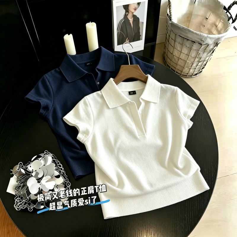 레트로 화이트 POLO 셔츠 반팔 니트 스웨터 여름 프랑스식 출퇴근 캐주얼 스웨터 티셔츠 맨위 여성