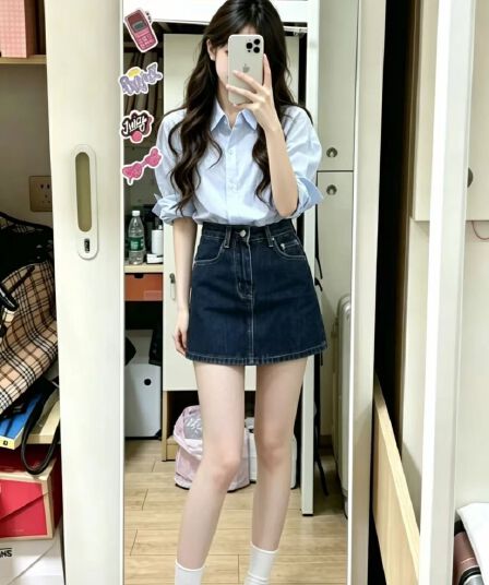 여름 수 있습니다. 소금 수 있습니다. 달콤한 부드러운 부서 착용 가져 가라. 자외선 차단 튀김 거리 연령 감소 디자인 센스 작은 대중 셔츠 미니 스커트 투피스 슈트