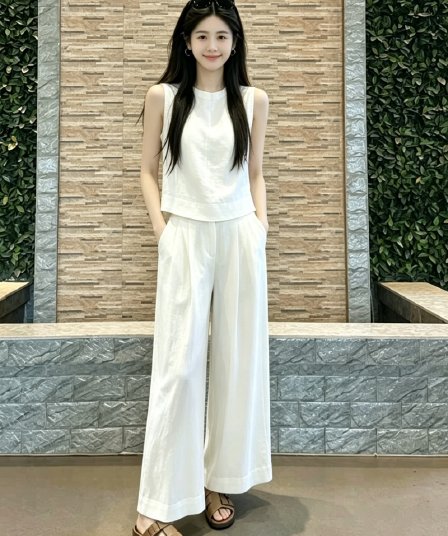 프랑스식 품격 ootd 착용 가져 가라. 에이즈 환자 세트 여성 2026 새로운 화이트 민소매 맨위 넓은 다리 길이 바지 투피스 세트