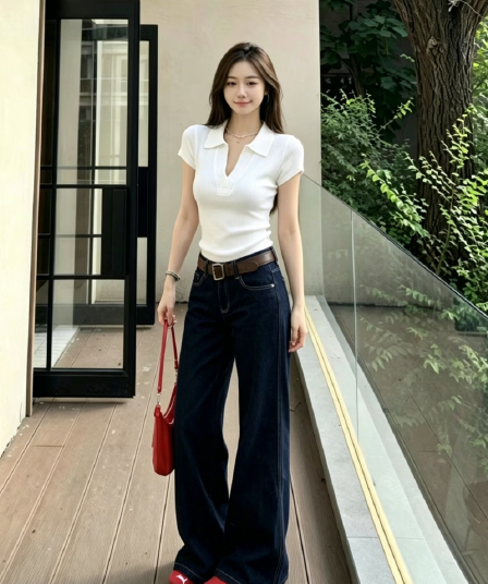 아메리칸 레트로 데님 세트 여성 여름 새로운 몸매 가꾸기 POLO 칼라 맨위 디자인 센스 와이드 레그 팬츠 투피스 세트