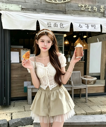 한국 스타일 순수한 욕망 바람 오프숄더 오프숄더 레이스 맨위 반신 스커트 두 조각 여성 세트 여름 디자인 센스 패션 세트 트렌디