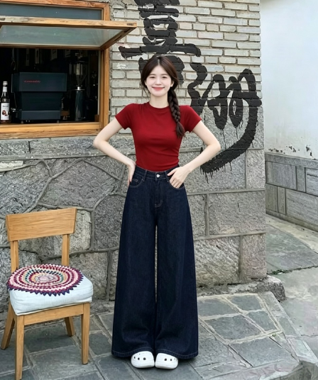 레트로 아메리칸 하이웨이스트 어두운 색 청바지 여성 여름 새로운 항구 바람 품격 루즈핏 슬림해 보이는 넓은 다리 바닥 청소 바지