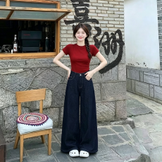 批发复古美式<b class='q'>高腰</b>深色牛仔裤女夏季新款港风气质宽松显瘦阔腿拖地裤子