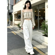批发韩风chic一整套夏日ootd穿搭一字肩碎花上衣牛仔阔腿裤子休闲套装