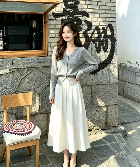 한 부서 2026ootd 슈퍼 화재 착용 가져 가라. 에이즈 환자 여성 세트 회색 오픈 가디건 니트 맨위 화이트 반신 치마 세트