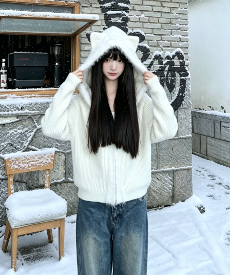 화이트 우유 fufu 고양이 귀 너구리 털털 의류 여성 코트 가을 겨울철 외부 가져 가라. 슈퍼 잘 생긴 지퍼 니트 오픈 가디건