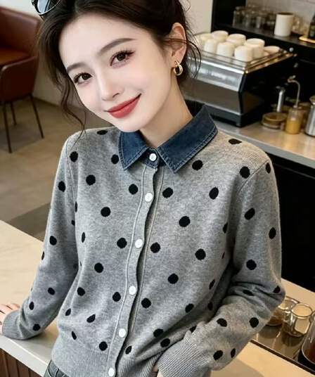 프랑스식 도트 무늬 페이크 레이어드 데님 패치워크 POLO 칼라 니트 스웨터 부드러운 찹쌀 연령 감소 스웨터 코트 가을 겨울철 새로운