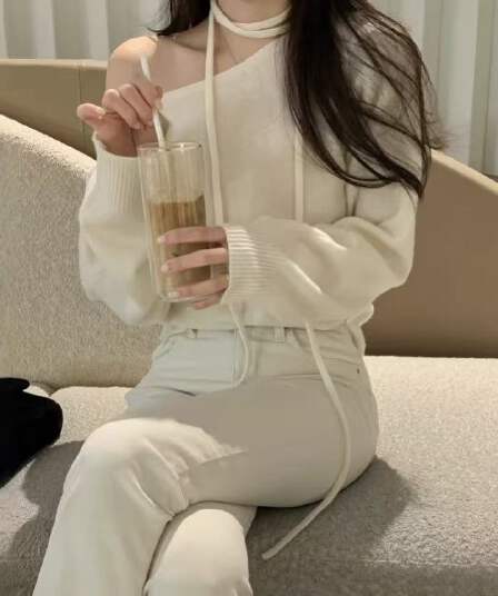 한 부서 chic Chic 비스듬한 칼라 오프숄더 니트 스웨터 여성 이른 가을 새로운 루즈핏 느긋한 풀오버 쇼트 스타일 맨위