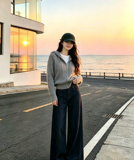 코디 전체 집합 ootd 착용 가져 가라. 연령 감소 작은 샤넬 스타일 니트 후드 스웨터 부츠컷 청바지 세 조각 세트 여성