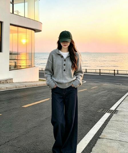 이른 가을 한 부서 착용 가져 가라. 얇은 스타일 회색 V넥 니트 스웨터 청바지 여성 2026 새로운 고급 센스 맨위 세트