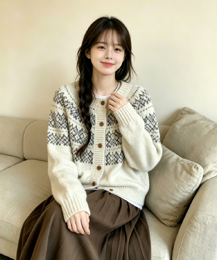 한국 2026 가을 겨울 공정한 섬 자카드 라운드 넥 부드러운 찹쌀 니트 오픈 가디건 스웨터 루즈핏 다용도 재킷