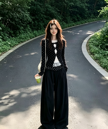 봄 가을 한 부서 페이크 레이어드 홀로우 아웃 레이스 기본 셔츠 여성 다용도 긴팔 티셔츠 맨위 와이드 레그 팬츠 투피스 세트