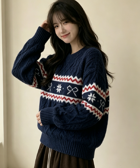 공정한 섬 자카드 라운드 넥 스웨터 여자 루즈핏 보온 인사이드 가져 가라. 만나는 니트 스웨터 느긋한 바람 맨위
