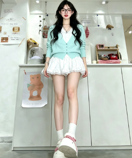 2026 봄 가을 프랑스식 새로운 페이크 레이어드 패치워크 V넥 니트 스웨터 봄 새로운 하이웨이스트 반신 치마 세트