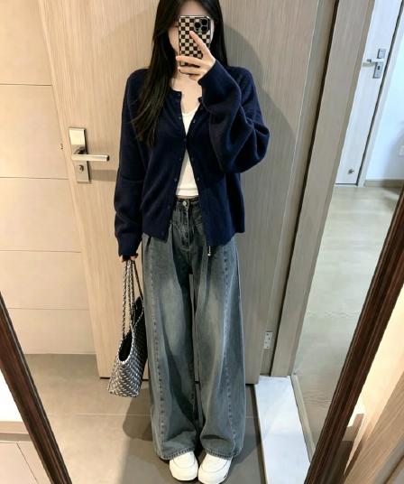가을 그레이트 통해보기 가져 가라. 여성 한 부서 해군 니트 오픈 가디건 슬립 인사이드 가져 가라. 슬립 청바지 3종 세트