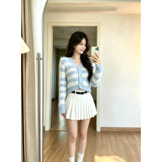 批发仿水貂蓝色条纹毛衣外套女冬季新款甜美设计感搭白色半身裙两件套