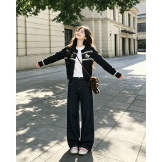 批发复古费尔岛小马提花针织开衫女短款软糯长袖毛衣外套牛仔裤两件套