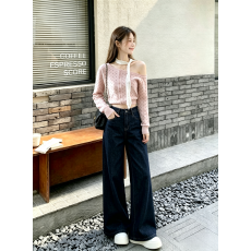 批发韩系粉色波点长袖斜肩针织开衫女早秋新款搭蓝色阔腿牛仔裤两件套