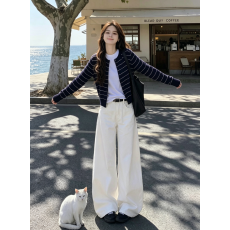 批发韩系高级感chic藏青色条纹长袖宽松针织开衫搭白色阔腿牛仔裤套装