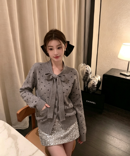 고급 센스 회색 도트 무늬 나비 넥타이 스웨터 오픈 가디건 여성 코트 가져 가라. 차 인사이드 차 가스 스팽글 미니 스커트 세트
