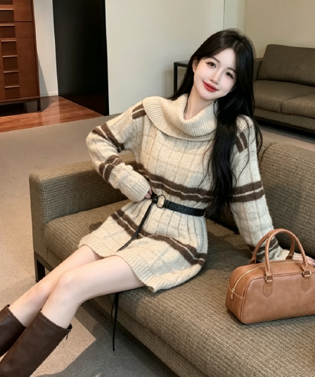 아메리칸 커피 색상 스웨터 니트 스웨터 여성 가을 겨울철 두꺼운 느긋한 바람 아름다움 라드. 한 단어 오프숄더 맨위 중간 길이