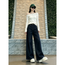 批发辣妹露肩打底针织衫女早春秋季长袖毛衣深蓝色阔腿牛仔裤两件套