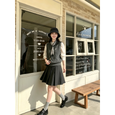 批发2026新款针织马甲+长袖衬衫+百褶中裙韩系学院风套装