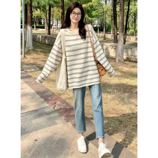 批发秋季女装2026条纹圆领长袖T恤穿搭一整套韩系ootd巨好看的两件套