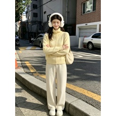批发2026奶油芝士高领针织开衫<b class='q'>女</b>复古韩系慵懒风毛衣休闲裤两件套装