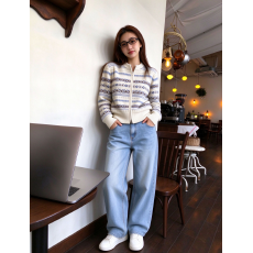 批发韩国chic费尔岛提花针织拉链开衫毛衣女秋冬季浅蓝色牛仔裤两件套