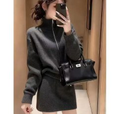 批发法式极简风通勤套装裙女2026秋冬新款高领针织开衫包臀<b class='q'>短裙</b>两件套