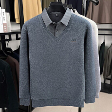 批发高端假两件一体绒针织衫男士冬季加绒加厚<b class='q'>衬衫</b>领毛衣男爸爸装上衣