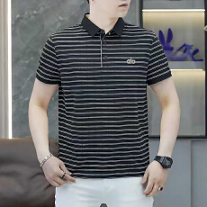 批发2026夏季新款中老年男士翻领短袖polo衫宽松高档条纹爸爸装上衣