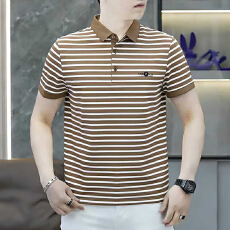 批发2026夏季新款中老年男士翻领短袖polo衫宽松高档条纹爸爸装上衣