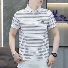 批发2026夏季新款中老年男士翻领短袖polo衫宽松高档条纹爸爸装上衣