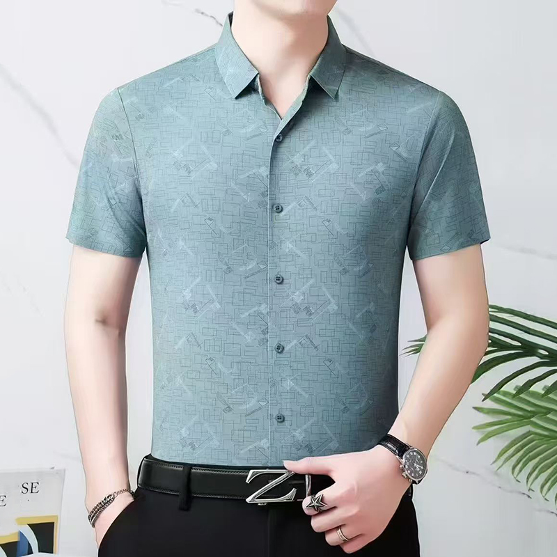 얼음 실크 남성 반팔 셔츠 남자 여름 새로운 얇은 스타일 도루 센스 고급 셔츠 중년 아빠 로드 중 없음 흔적 인치 셔츠
