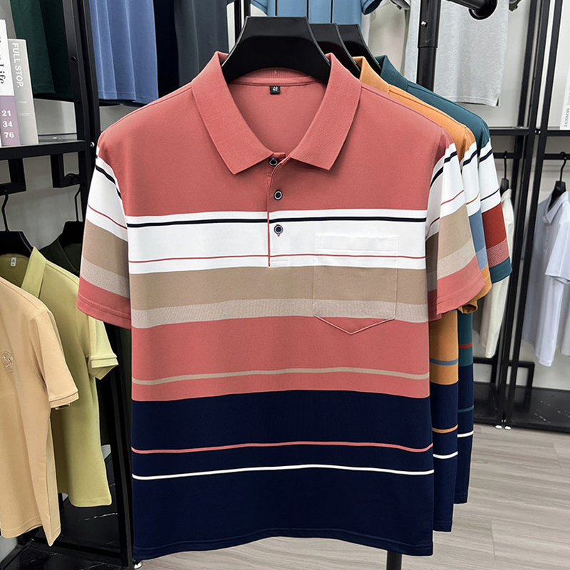 남성 여름 POLO 셔츠 반팔 티셔츠 스트라이프 중년 아빠 로드 중 면 소재 있음 벨트 사실 주머니 폴로 칼라 맨위 서비스