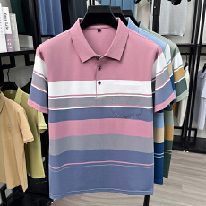 批发中老年<b class='q'>男士</b>短袖<b class='q'>t</b><b class='q'>恤</b><b class='q'>翻领</b>条纹棉涤薄款爸爸装口袋宽松百搭透气半袖