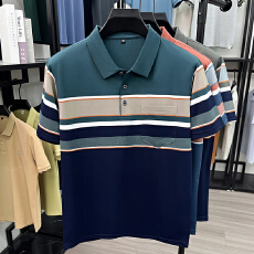 批发中老年<b class='q'>男士</b>短袖<b class='q'>t</b><b class='q'>恤</b><b class='q'>翻领</b>条纹棉涤薄款爸爸装口袋宽松百搭透气半袖