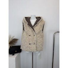 批发Yangzifan 30羊毛正反两穿 连帽环保皮草马甲女冬 格纹无袖外套