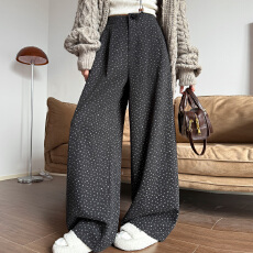 批发复古小碎花呢料<b class='q'>西装</b>阔腿裤女25秋冬高腰宽松慵懒直筒拖地休闲长裤