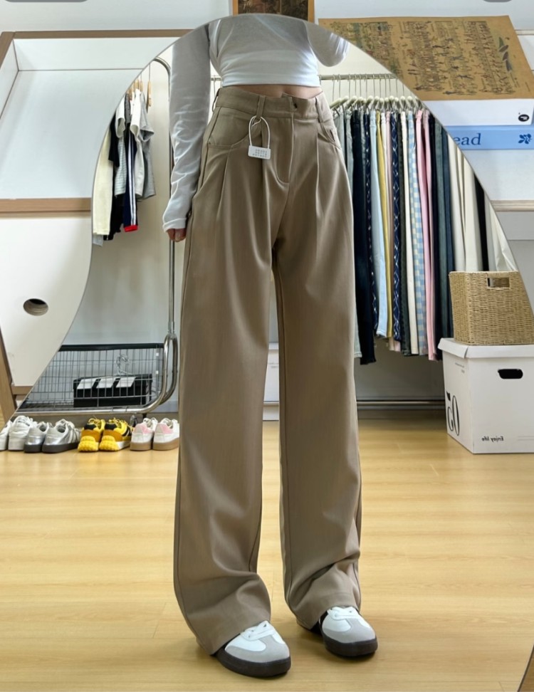 카키 색 느슨함 고급 센스 웨스트 와이드 다리 길이 바지 여성 26 봄 여름 하이웨이스트 슬림해 보이는 캐주얼 스트레이트 슬랙스