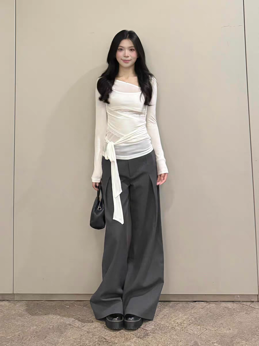 고급 회색 오래된 돈 바람 와이드 레깅스 바지 26 봄 여름 루즈핏 슬림해 보이는 스트레이트 캐주얼 바지 길이 연장 바닥 청소 긴 바지