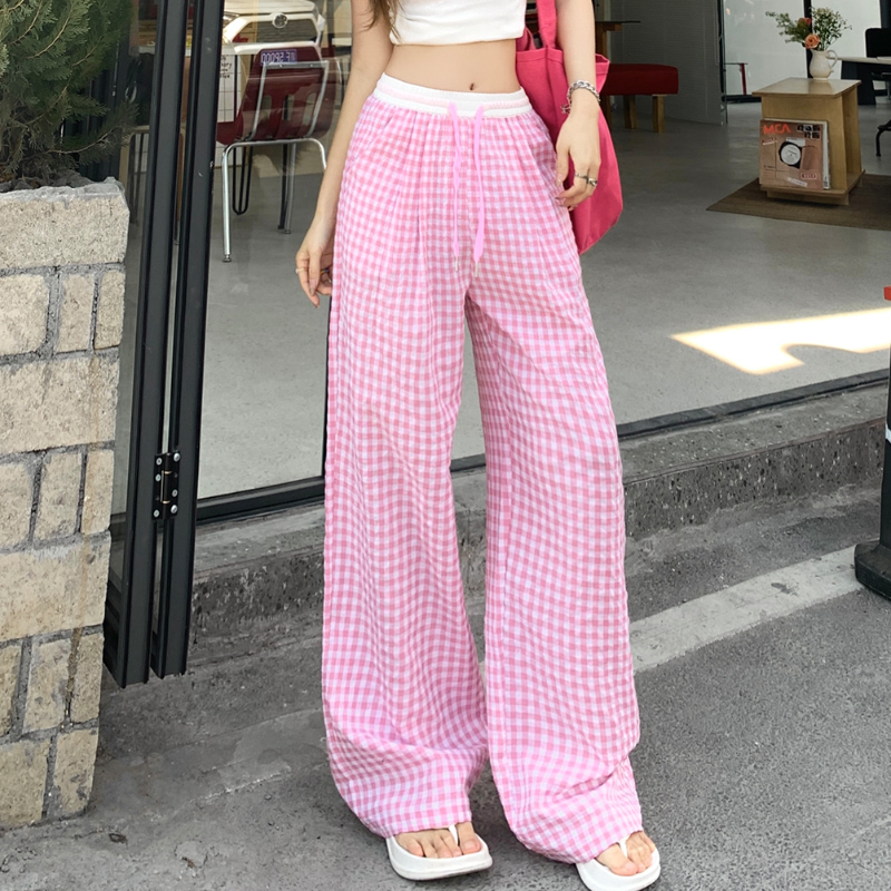 핑크색 도파민 체크무늬 캐주얼 바지 26 봄 여름 얇은 스타일 캐주얼 하이웨이스트 스트레이트 달콤한 차가운 길이 연장 와이드 레깅스 바지