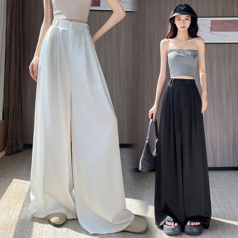 实拍 冰丝醋酸缎面西装阔腿裤女2025夏季高腰显瘦休闲直筒拖地裤