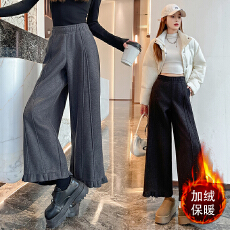 批发实拍加绒加厚羊绒毛呢阔腿裤女秋冬<b class='q'>高腰</b>休闲直筒小个子显瘦<b class='q'>九分裤</b>